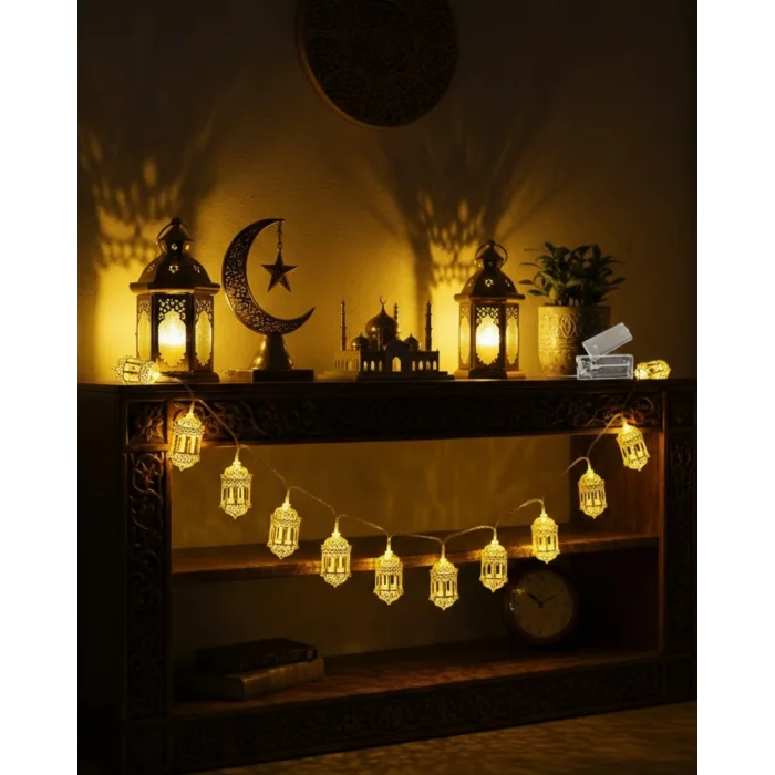 Altın Fener Detaylı Pilli Ramazan LED Işık Ev Dekorasyonu