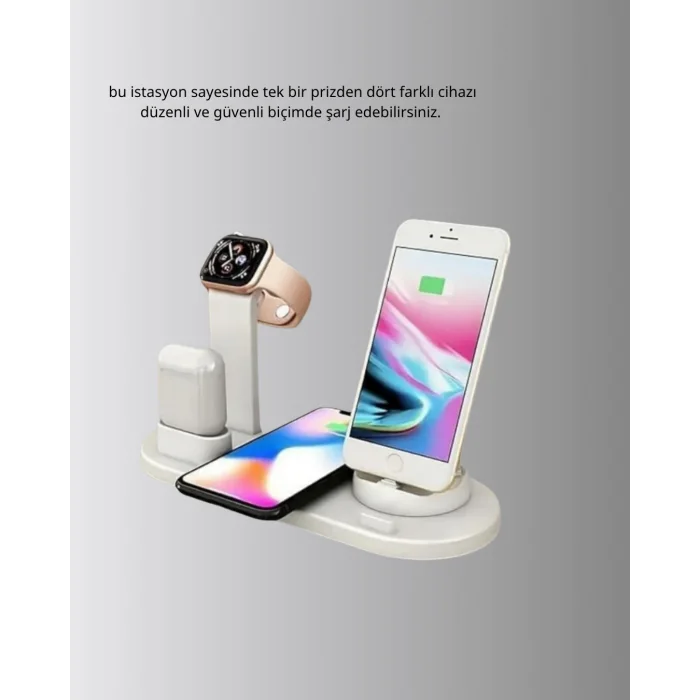 Apple Uyumlu Kablosuz Şarj İstasyonu 4 Cihaz Destekli ve Hızlı Şarjlı