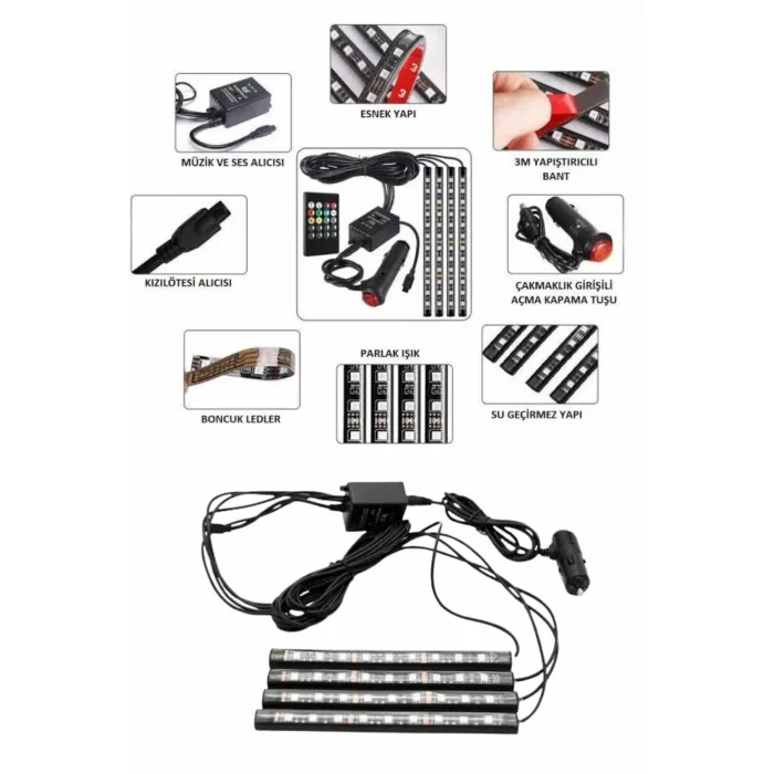 Araç İçi Ayak Altı Led 12 Led Işık Sese Müziğe Duyarlı RGB Işıklı Aydınlatma Seti