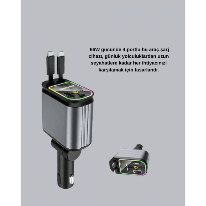 Araç Şarj Cihazı 66W 4 Portlu Hızlı Şarj ve LED Işıklı