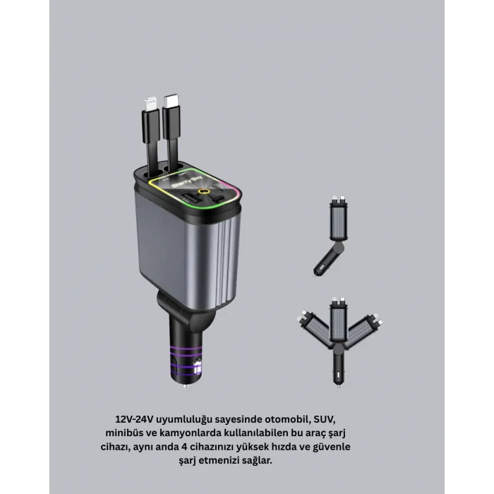 Araç Şarj Cihazı 66W 4 Portlu Hızlı Şarj ve LED Işıklı