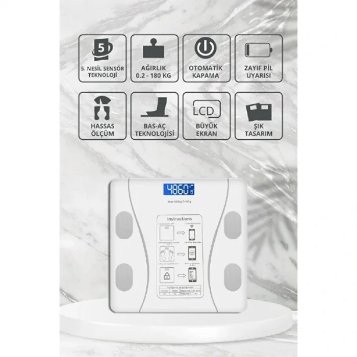 Beyaz Renk Bluetooth Özellikli Akıllı Tartı