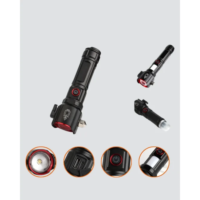Çekiçli Pusulalı Acil Durum Feneri USB Şarjlı Çok Fonksiyonlu