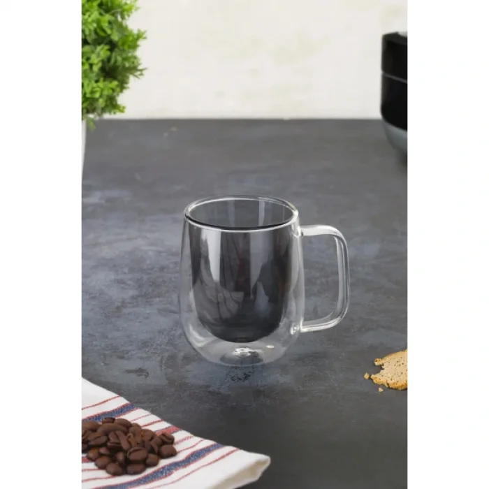 Çift Cidarlı Cam Kupa Gri Renk