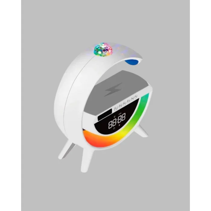 Dijital Saatli Kablosuz Şarj Destekli RGB LED Işıklı Bluetooth Ses Sistemi
