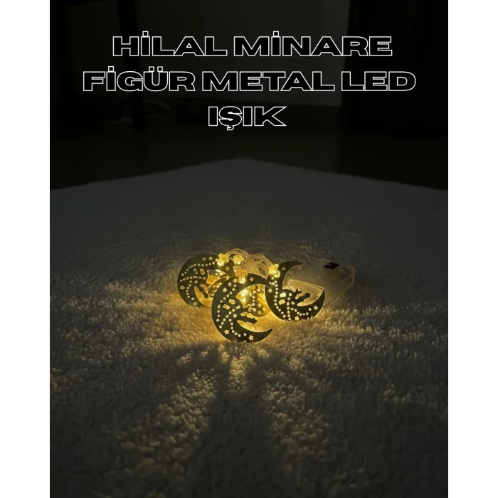Gold Renk Metal Minareli Hilal LED Işık Pilli Ramazan Süsü