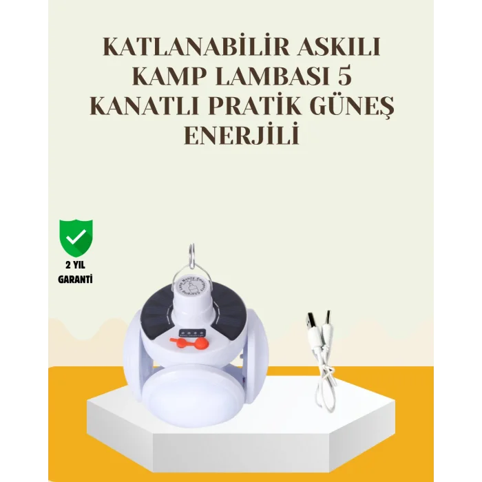 Güneş Paneliyle Şarj Olan Katlanabilir LED Çadır Lambası – 5 Kademeli Aydınlatma