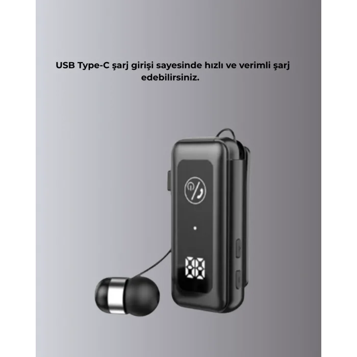 İçi Sarılabilen Kablo ve Yaka Klipsli Bluetooth Kulaklık