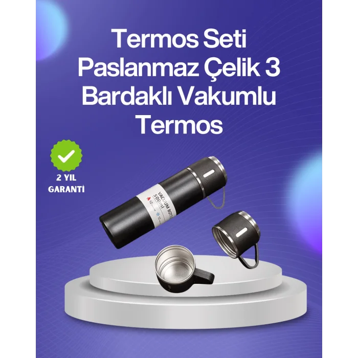 Isıyı Uzun Süre Koruyan 500 ml Termos Seti | Çelik Gövde, 2 Bardaklı, Hediye Kutulu