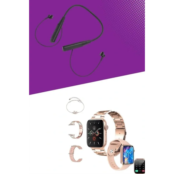 Kablolu Bluetooth Kulaklık ve Kadınlara Özel Bileklik Hediyeli Yeni Nesil Akıllı Saat 3 Kordonlu