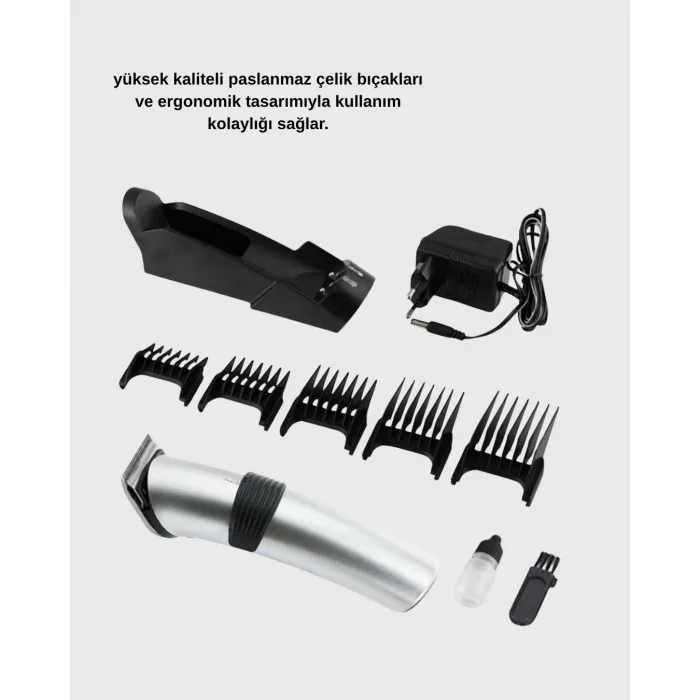 Kablosuz Profesyonel Tıraş Makinesi – Şarjlı, 60 Dakika Kullanım Süreli, Çelik Bıçaklı, Sessiz Motor