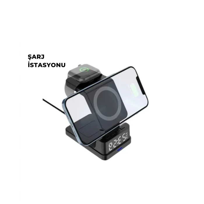 Kablosuz Şarj İstasyonu ve Dijital Saat – Apple Uyumlu, 3 Kademeli Işık Ayarı