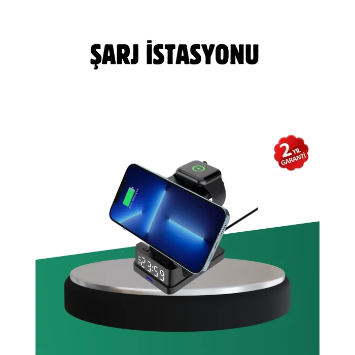 Kablosuz Şarjlı Dijital Masa Saati – 3 Parlaklık Seviyeli LED, Hızlı Şarj, Apple Uyumlu