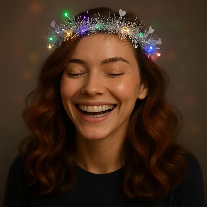 Kalp Püsküllü 3 Modlu LED Işıklı Taç Gümüş Renk