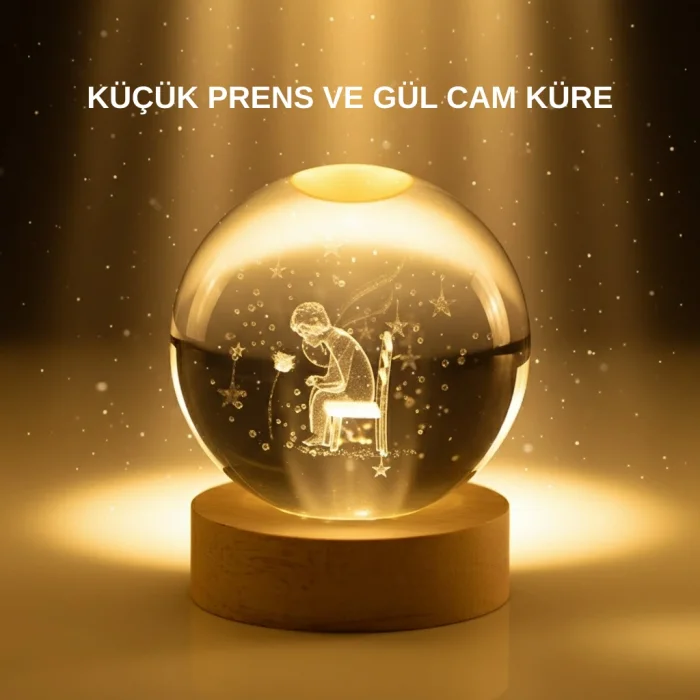 Küçük Prens Cam Küre USB Işıklı Ahşap Standlı Büyük Boy