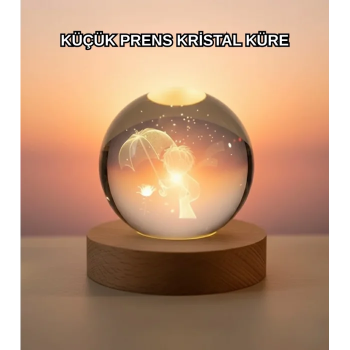 Masif Ahşap Standlı 3D Küçük Prens Kristal Top USB Gece Lambası Sıcak Işık