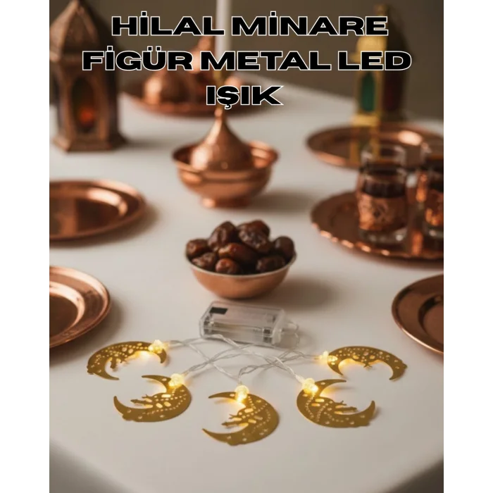 Minareli Hilal LED Işık Gold Metal Gövdeli Pilli Ramazan Dekoru