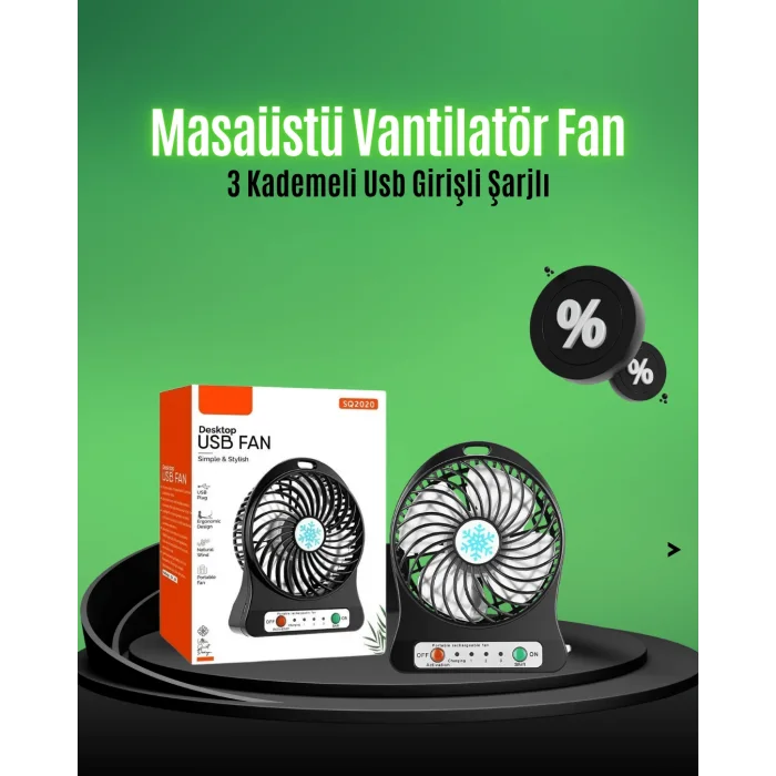 Mini USB Fan – Şarj Edilebilir, Işıklı, 3 Kademe, Taşınabilir Masaüstü Vantilatör