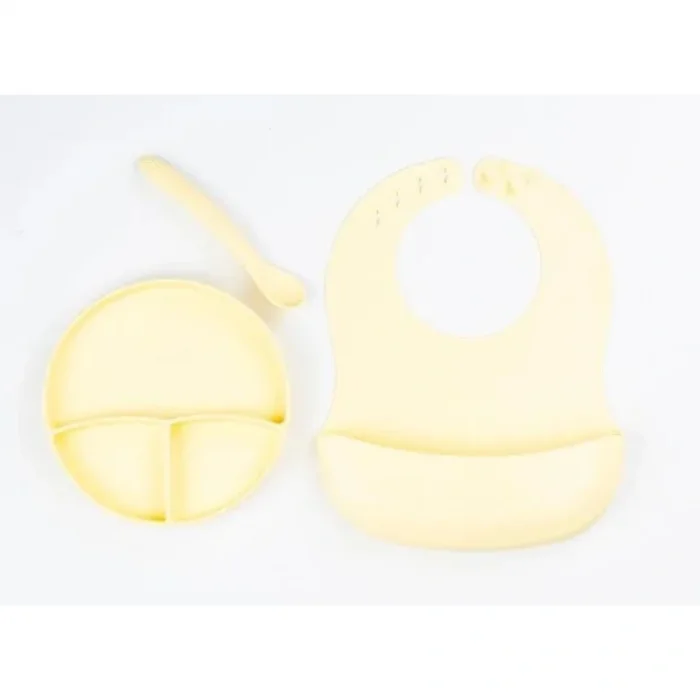 Sarı 3’lü Silikon Yemek Seti – Önlük + Diş Kaşıyıcılı Kaşık + Vakumlu Tabak