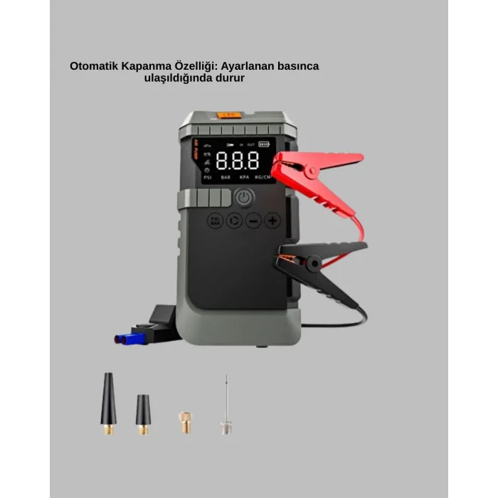 Şarjlı 12000 mAh Araç Akü Takviye ve Hava Kompresörü 4’ü 1 Arada