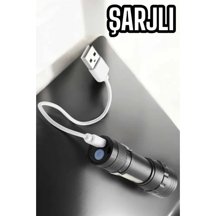 Şarjlı Metal Zoomlu El Feneri Işıldak Led Işık Taşınabilir El Lambası