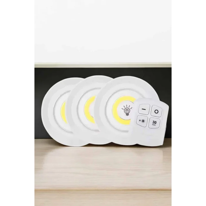 Spot Lamba Led Işık 3lü Uzaktan Kumandalı Pilli Yapışkanlı Kablosuz