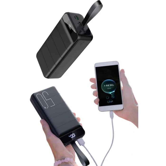 Taşınabilir Powerbank 50.000 mAh 4 Girişli Hızlı Şarj Led Göstergeli Fenerli Şarj