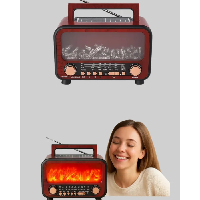 Taşınabilir Şömine Görünümlü Bluetooth Hoparlör – Solar Şarjlı, Alev Işıklı, 7W Ses