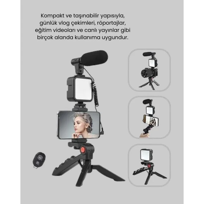 Telefon Video Çekim Kiti LED Aydınlatma Mikrofon Tripodlu Tam Set