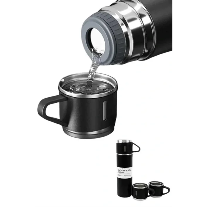 Termos Paslanmaz Çelik Termos Siyah Renk 3 Bardaklı Termos Seti