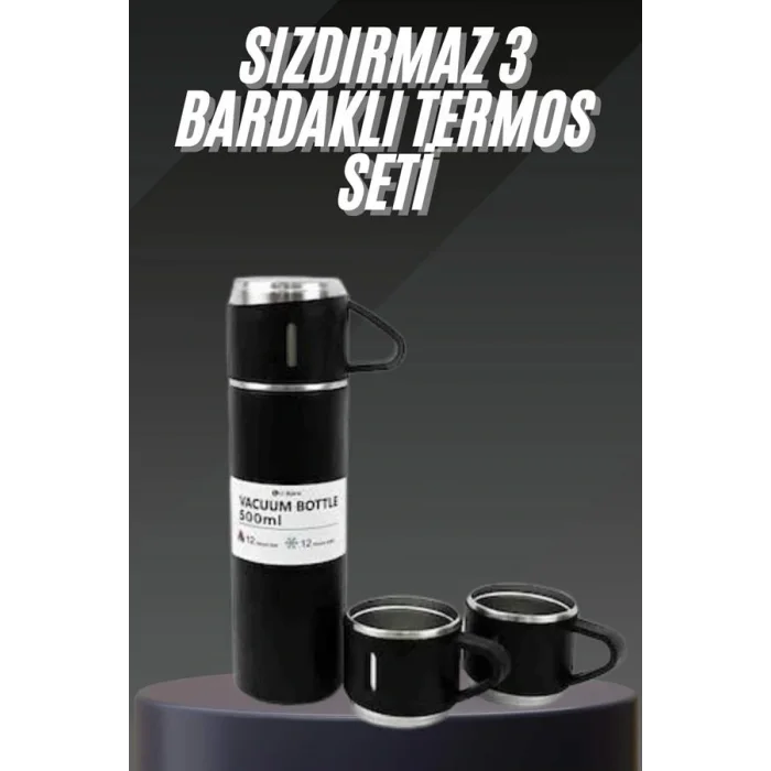 Termos Seti Paslanmaz Çelik 3 Bardaklı Vakumlu Termos Set 500 Ml 12 Saate Kadar Isı Koruma