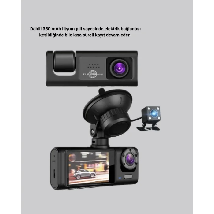 Üç Kameralı Araç İçi Kayıt Sistemi Full HD Gece Görüşlü ve G-Sensör Destekli