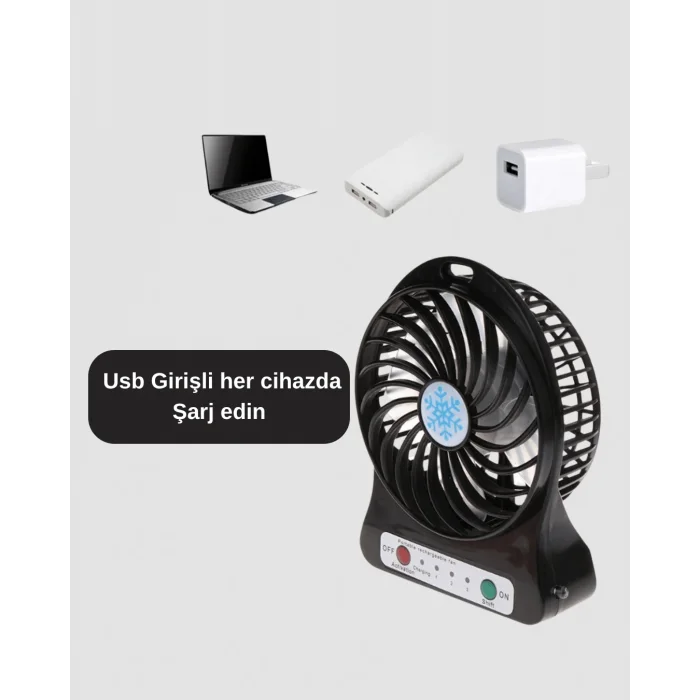 USB Girişli Taşınabilir Masaüstü Mini Fan – 3 Kademeli Hız, Şarjlı, Işıklı, Sessiz Çalışma