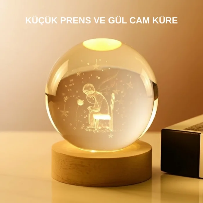 USB’li Küçük Prens Işıklı Cam Küre Ahşap Altlıklı Dekoratif Lamba