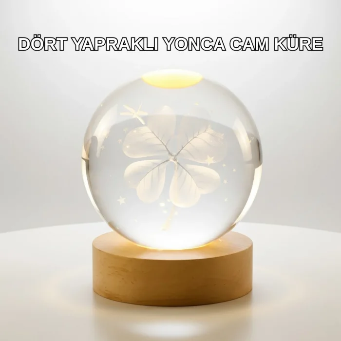 Yonca Figürlü Cam Küre USB Işıklı Ahşap Tabanlı Dekoratif Masa Lambası