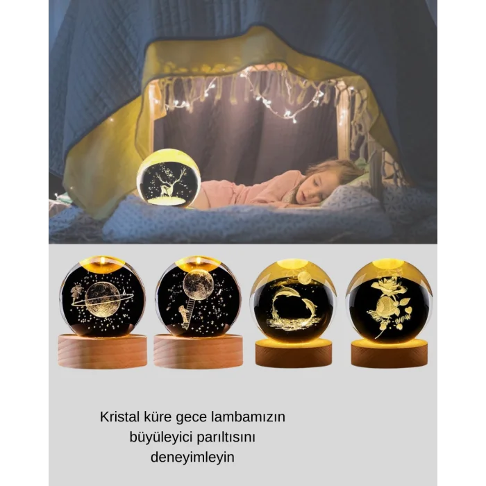 Yunus Temalı Kristal Küre USB Işıklı Ahşap Altlıklı Gece Lambası