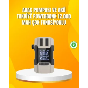 12.000 mAh Akü Takviye Powerbank Dahili Hava Pompalı Dijital Ekranlı