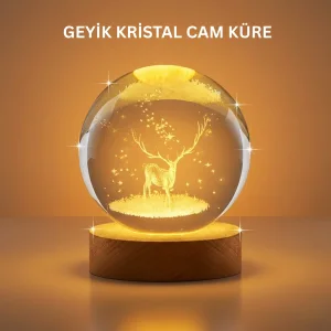 3D Geyik Desenli Kristal Küre USB Işıklı Ahşap Tabanlı Oda Lambası
