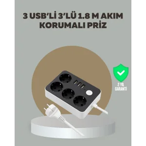 4 Prizli 3 USB Portlu Anahtarlı Akım Korumalı Priz
