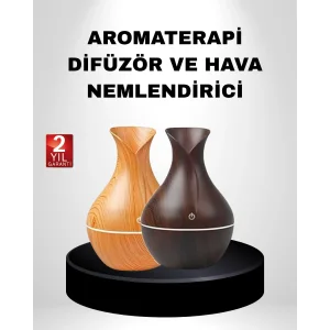 Aromaterapi Difüzör Ahşap Desenli ve Ultrasonik Nemlendirici LED Işıklı