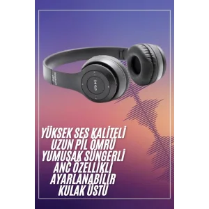 Bluetooth Kablosuz Kulaklık Siyah Wireless 5.0 Kulak Üstü Uzun Pil Ömrü