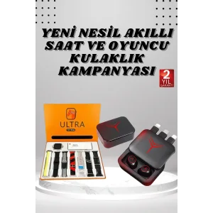 Dijital Göstergeli Powerbank Kablosuz Kulaklık ve 7 Kordonlu Yeni Nesil Akıllı Saat Dokunmatik Kontrol