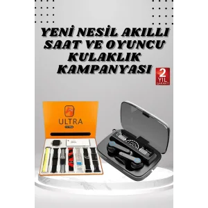 Dijital Göstergeli Powerbank Kulaklık ve 7 Kordonlu Yeni Nesil Akıllı Saat Amoled Ekran