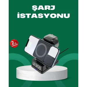 Dijital Saatli Kablosuz Şarj İstasyonu – 3’ü 1 Arada Apple Uyumlu Hızlı Şarj ve LED Ekran