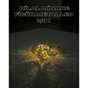 Gold Renk Metal Minareli Hilal LED Işık Pilli Ramazan Süsü