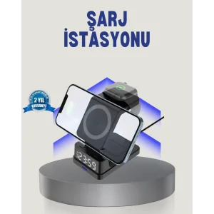 Kablosuz Şarj Cihazı ve Dijital Saat – 4’ü 1 Arada Hızlı Şarj, Apple Uyumlu, LED Işıklı Tasarım