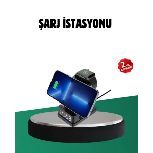 Kablosuz Şarjlı Dijital Masa Saati – 3 Parlaklık Seviyeli LED, Hızlı Şarj, Apple Uyumlu