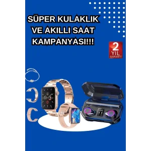 Kadınlar İçin 3 Kordonlu Akıllı Saat ve Dijital Göstergeli Powerbankli Bluetooth Kulaklık Dokunmatik Kontrol