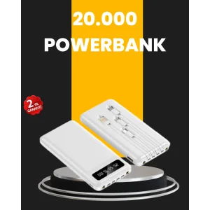 LED Işıklı 20.000mAh Powerbank LCD Gösterge Dahili Çoklu Kablo