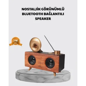 Nostaljik Gramofon Bluetooth Hoparlör – FM Radyo + USB + SD Kart Destekli